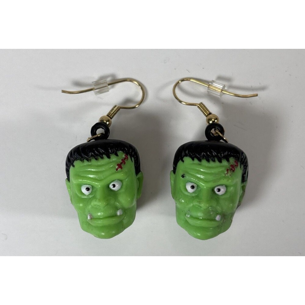 Vintage Russ Green Frankenstein Head Plastic Halloween Hook Dangle Earrings
